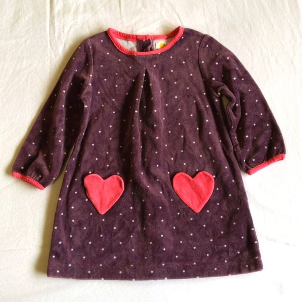 Mini Boden Baby Girl Purple Polka Dot Velour Swing Dress Heart Pockets 18-24M